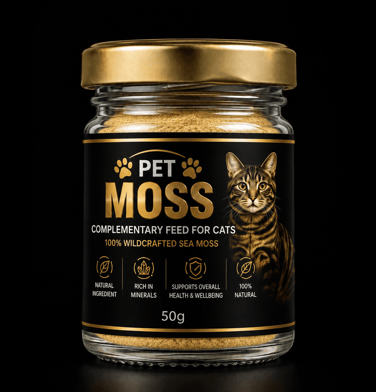 Glass jar of Pet Moss for Cats with a gold lid and black-and-gold label reading “Complementary feed for cats, 100% wildcrafted sea moss, 50g”, with a tabby cat illustration